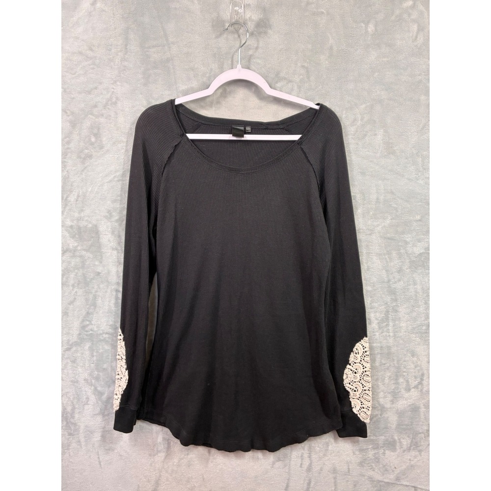 Mona B Black Ribbed Long Sleeve Lace Patch Thermal Top Size L
